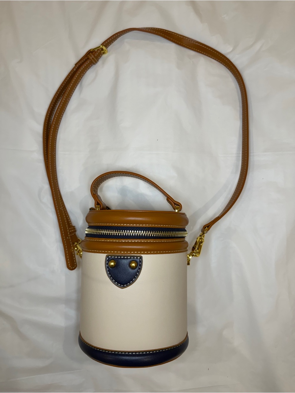 Structured Cylinder Mini Crossbody in Cream, Tan & Navy